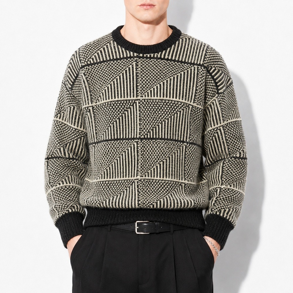 80s Vintage Geometric Crew Neck Sweater Mens XL Black Cream Jantzen USA Made